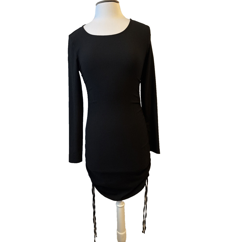 Topshop Womens 6 Sexy Ribbed Crinkle Bodycon Cinched Side Long Sleeve Dress